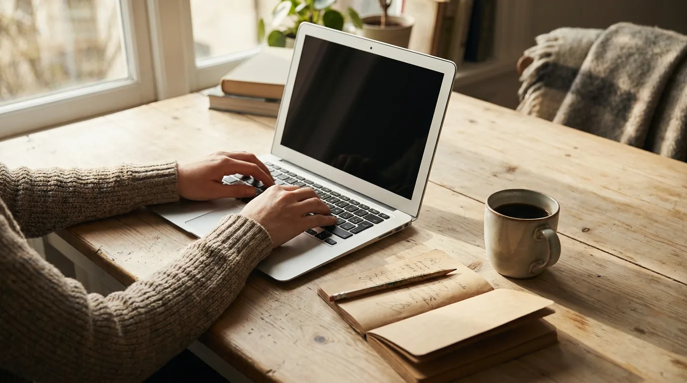 Werkplek: laptop, notitieboek en koffie in daglicht